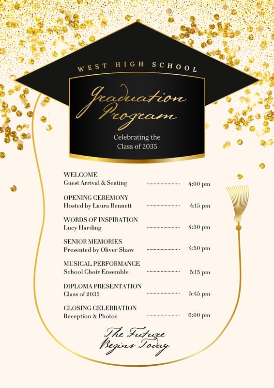 Elegant Festive Graduation Program Canva template, gold and black