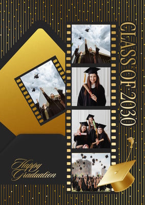 Elegant Festive Graduation Celebration Photo Collage Poster Canva template, gold and black