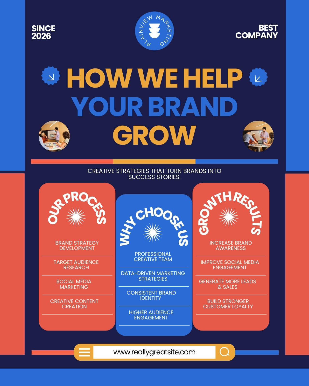 Blue Red And Yellow Modern How We Help Your Brand Grow Instagram Post