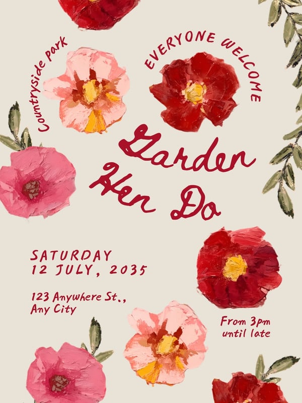 Illustrated Whimsical Garden Hen Do Instagram Post Canva template, red and pink