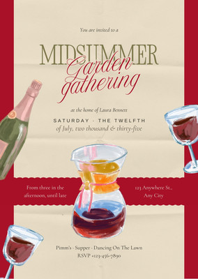 Vintage Illustrated Midsummer Garden Party Invitation Canva template, red and beige