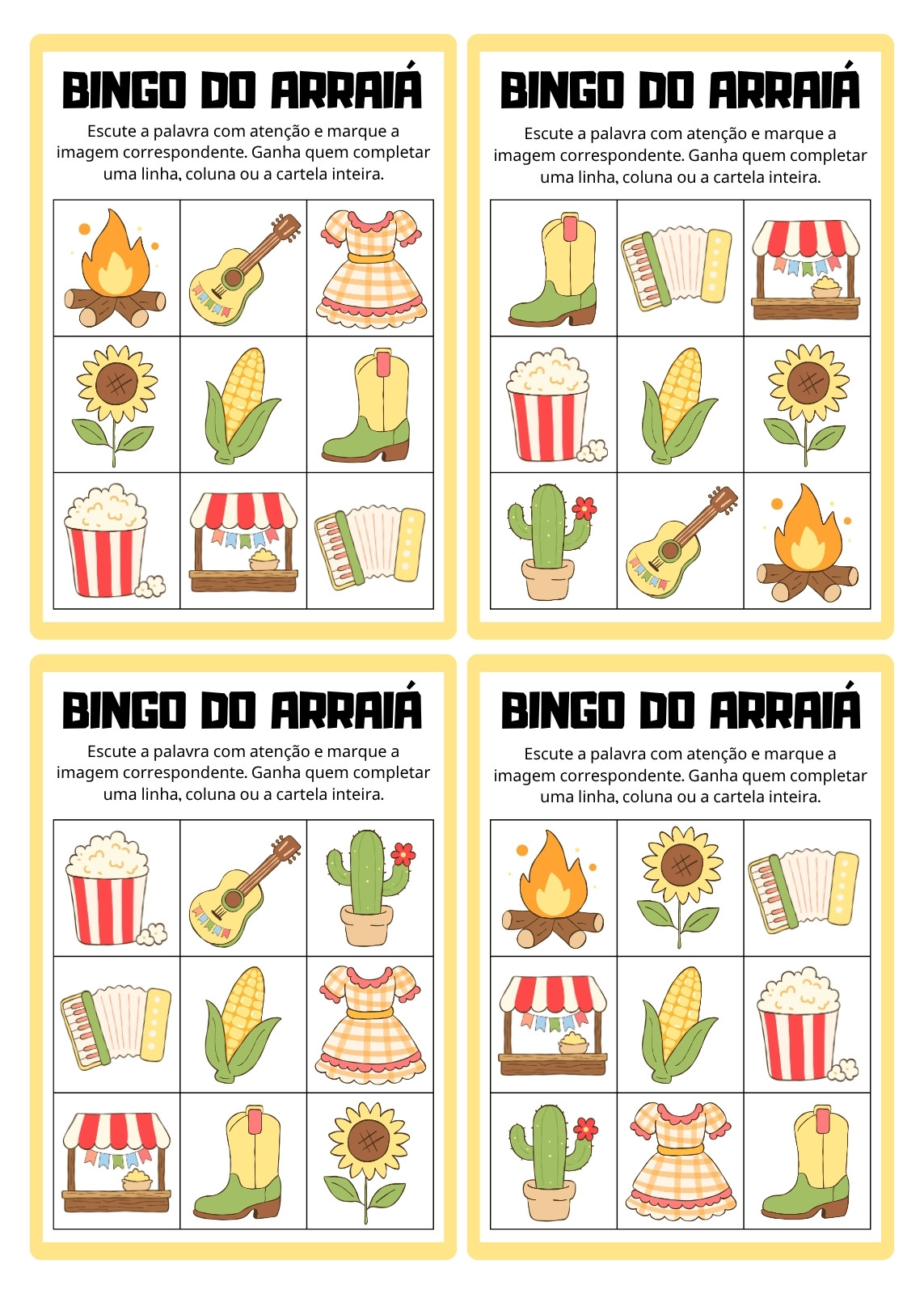 Folha de atividades de bingo - Festa junina - Arraiá, lúdica e ilustrada