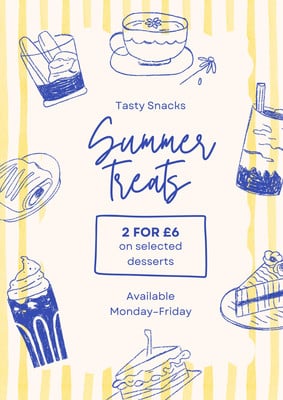 Illustrated Whimsical Doodle Summer Desserts Sale Poster Canva template, yellow and blue