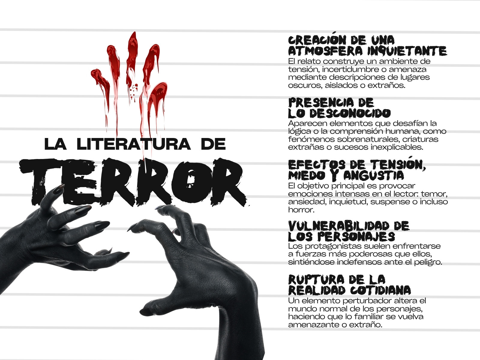 Gráfica de literatura de terror ilustrativo blanco y negro