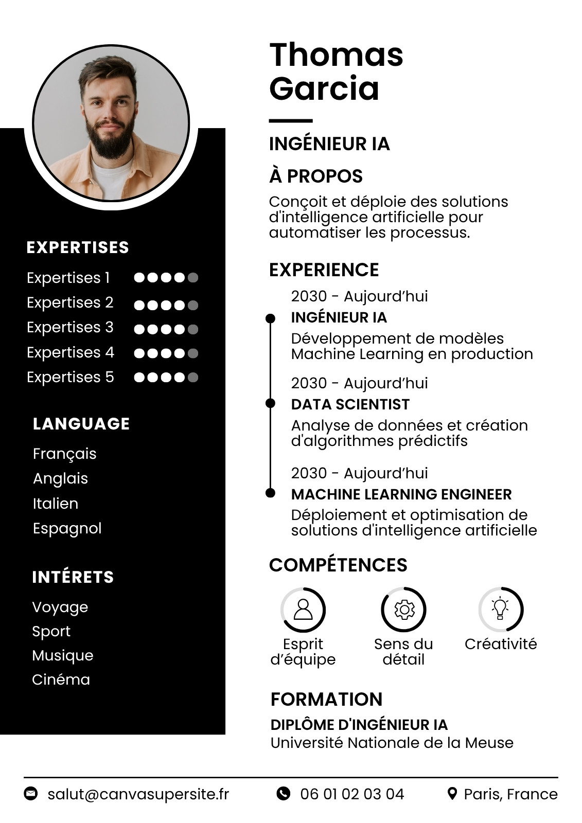 CV Ingénieur IA Moderne Simple Noir et Blanc