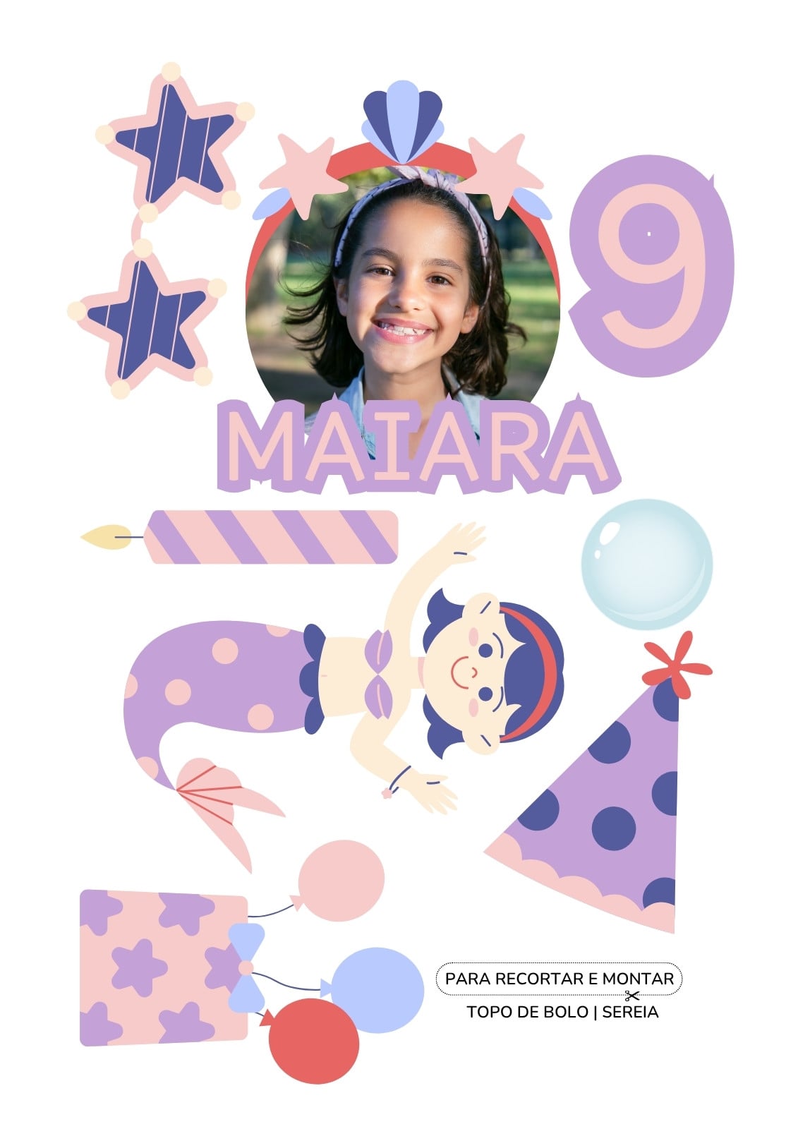 Documento A4 topo de bolo sereia moderno lilás e azul