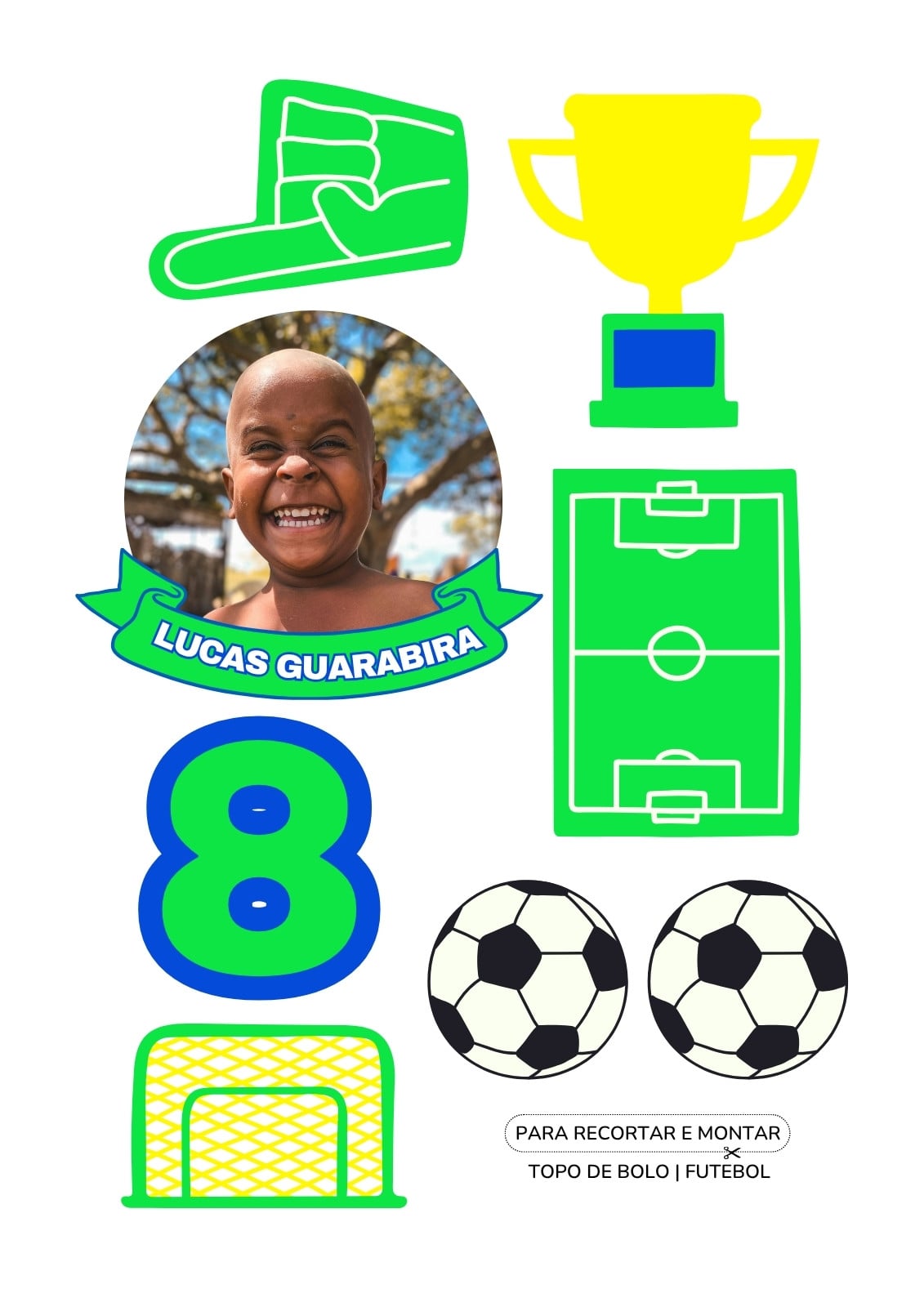 Documento A4 topo de bolo de futebol infantil moderno azul e verde