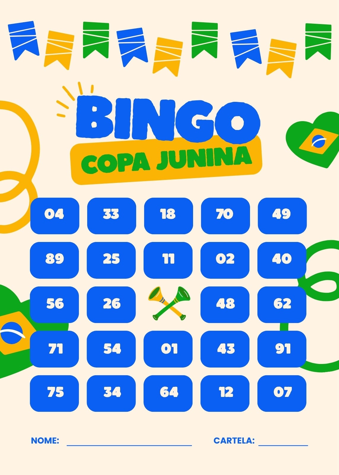Cartela de bingo - Festa junina - Copa do Brasil, azul, amarela e verde