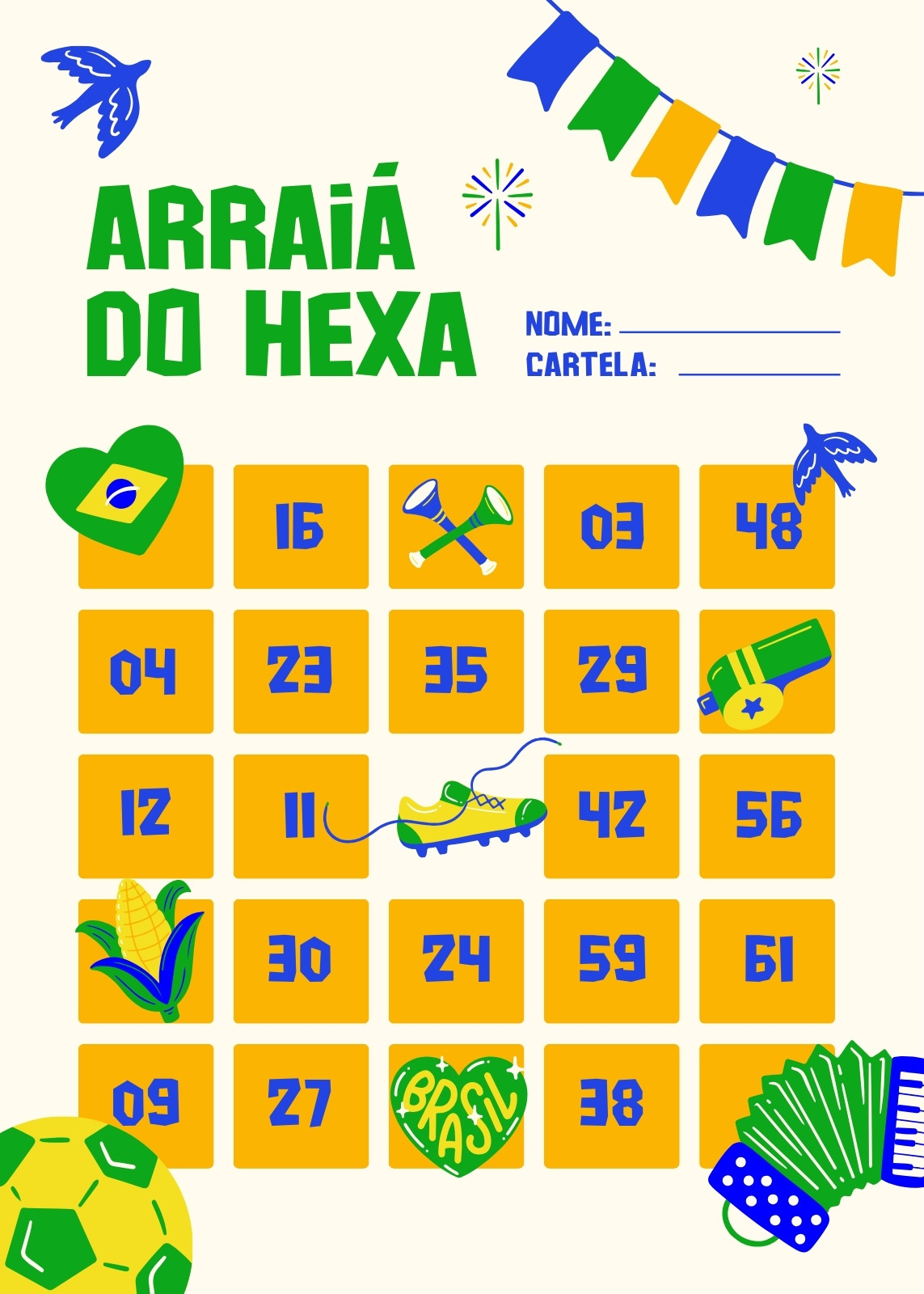 Cartela de bingo - Festa junina - Copa do Brasil, ilustrada, verde, amarela e azul