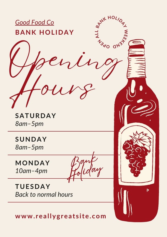 Illustrated Bank Holiday Opening Hours Flyer Canva template, red and beige