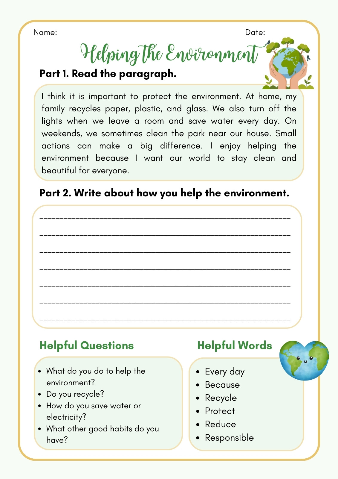 Helping the Environment Writing Worksheet in Illustrative Style