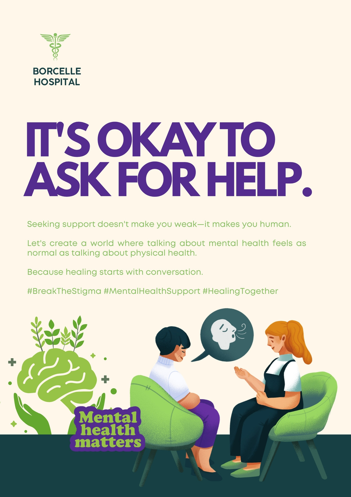 Green Blue and White Illustrated Mental Health Poster