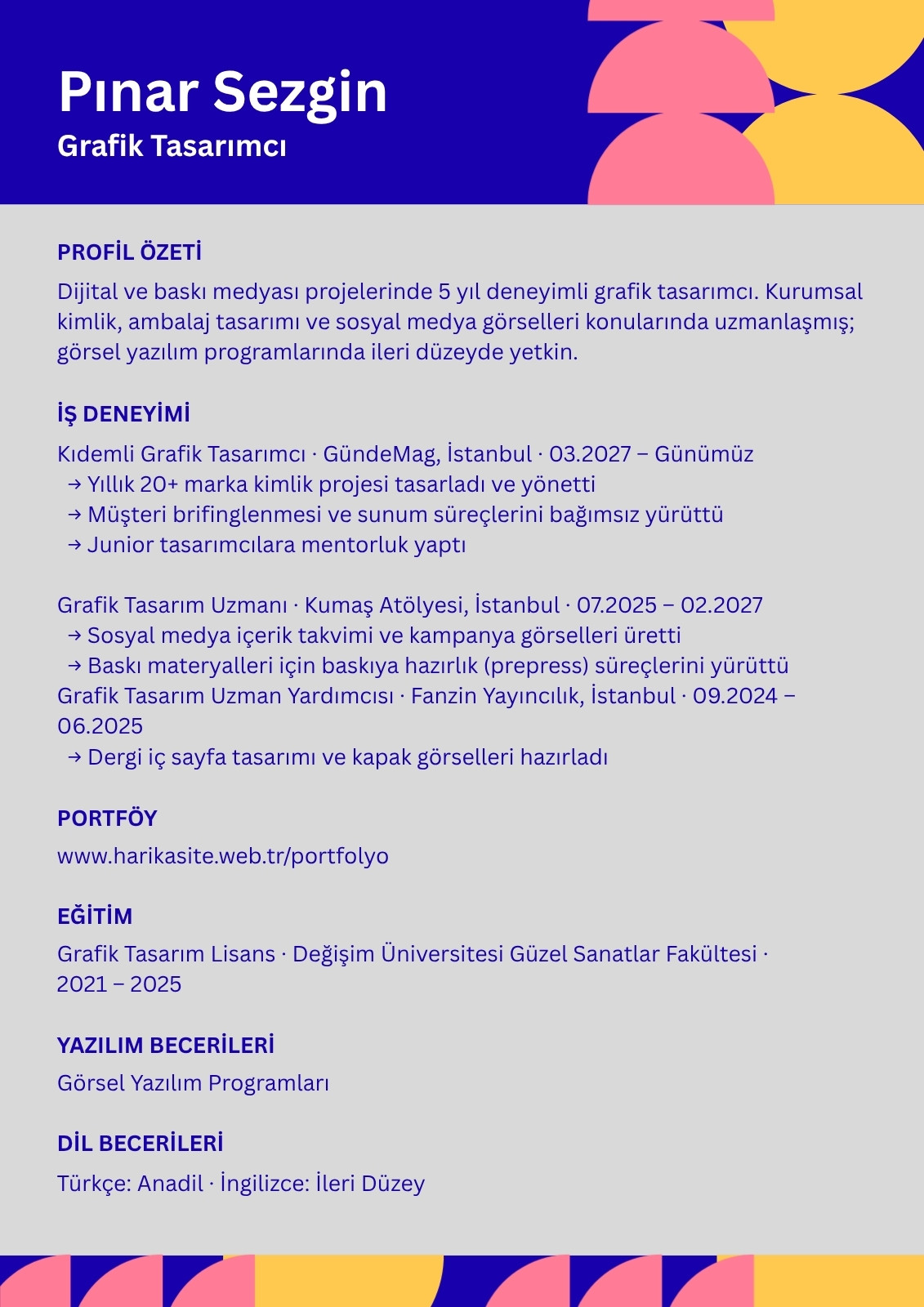 Sarı Mavi ve Pembe Modern Grafik Tasarımcı Özgeçmiş