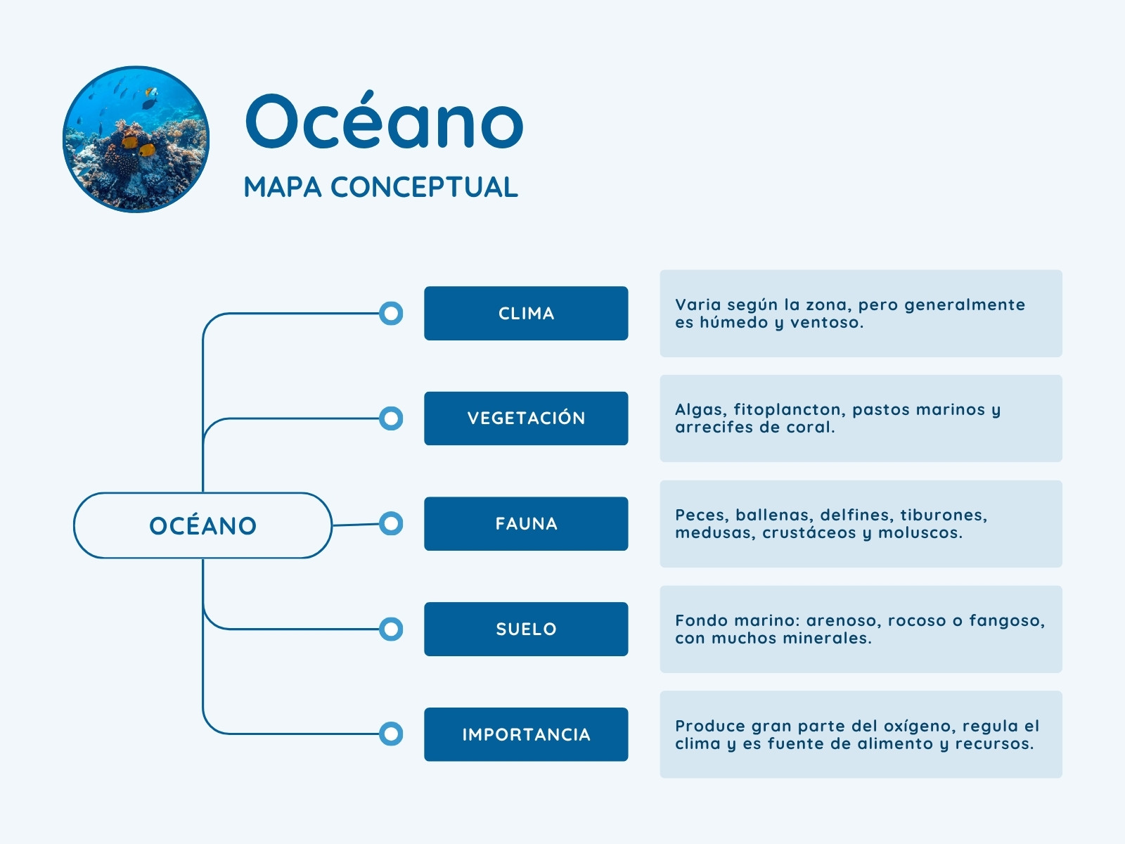 Mapa conceptual del Ecosistema océano Estilo minimalista azul