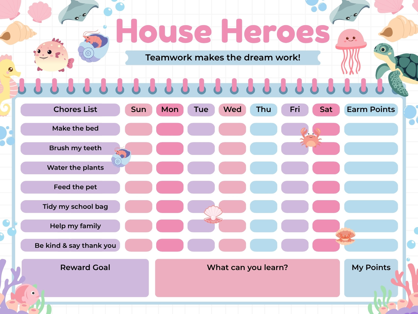 Pink Blue and Pastel Illustrated Household Chores Chart Graph