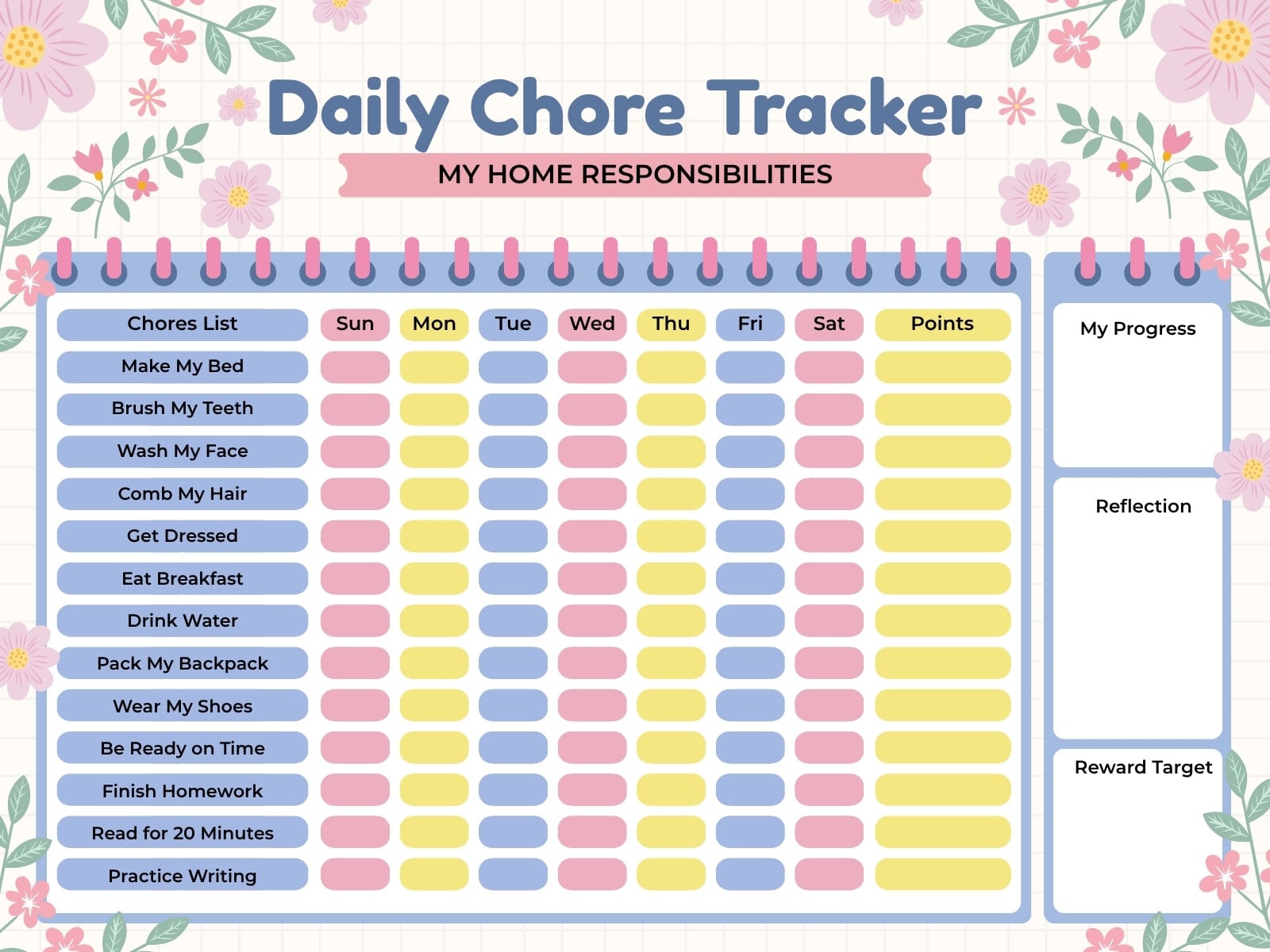Pink Blue and Yellow Playful Chore Chart Graph