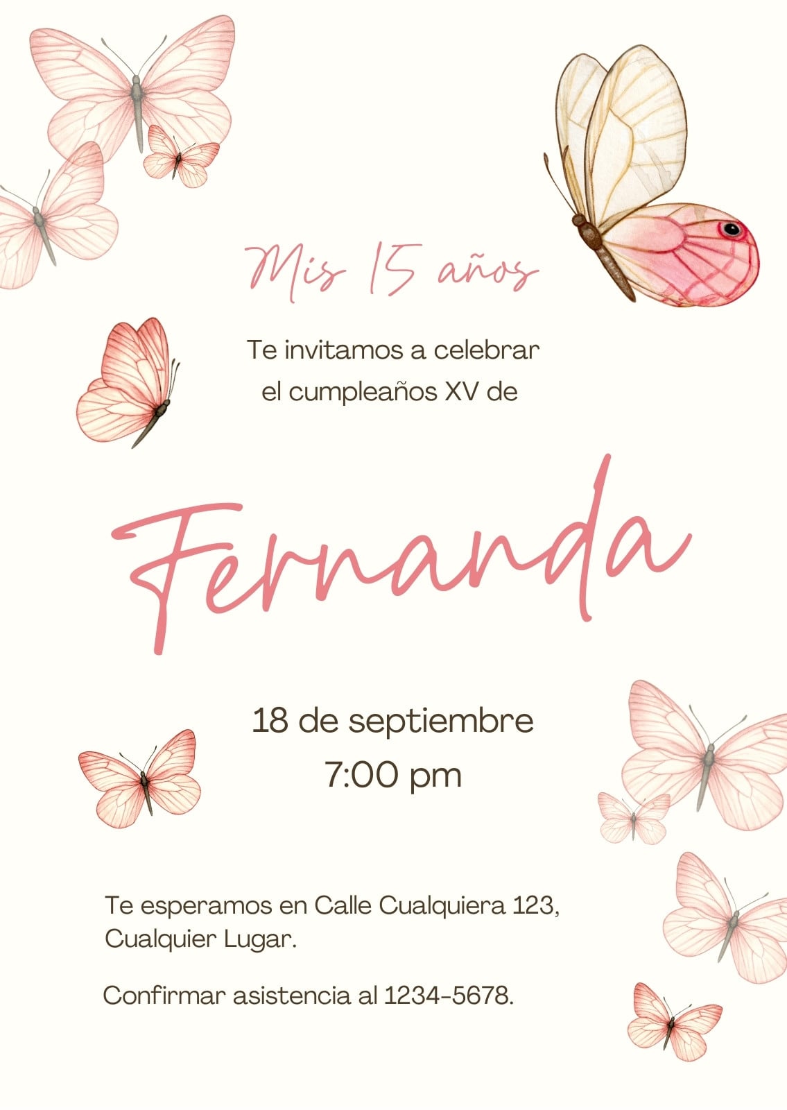 Invitación Cumpleaños de 15 años Quinceañera Mariposas Acuarela Rosa
