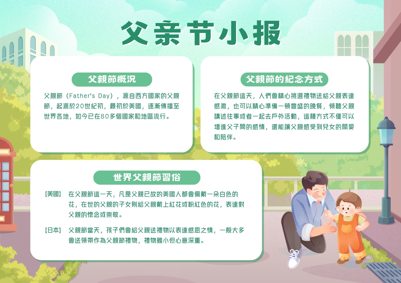 綠白色插畫風父親節手抄報