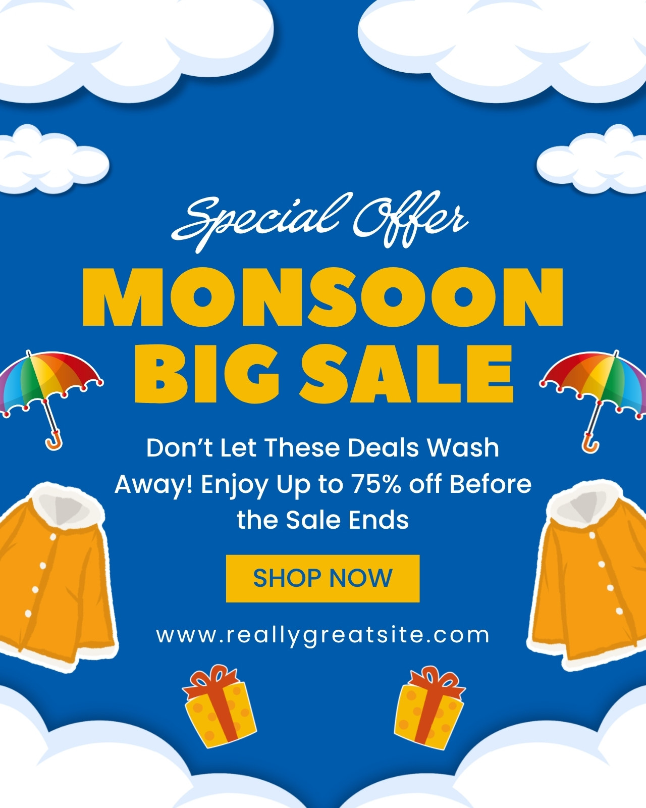 Blue and Yellow Illustrated Monsoon Sale Instagram Post