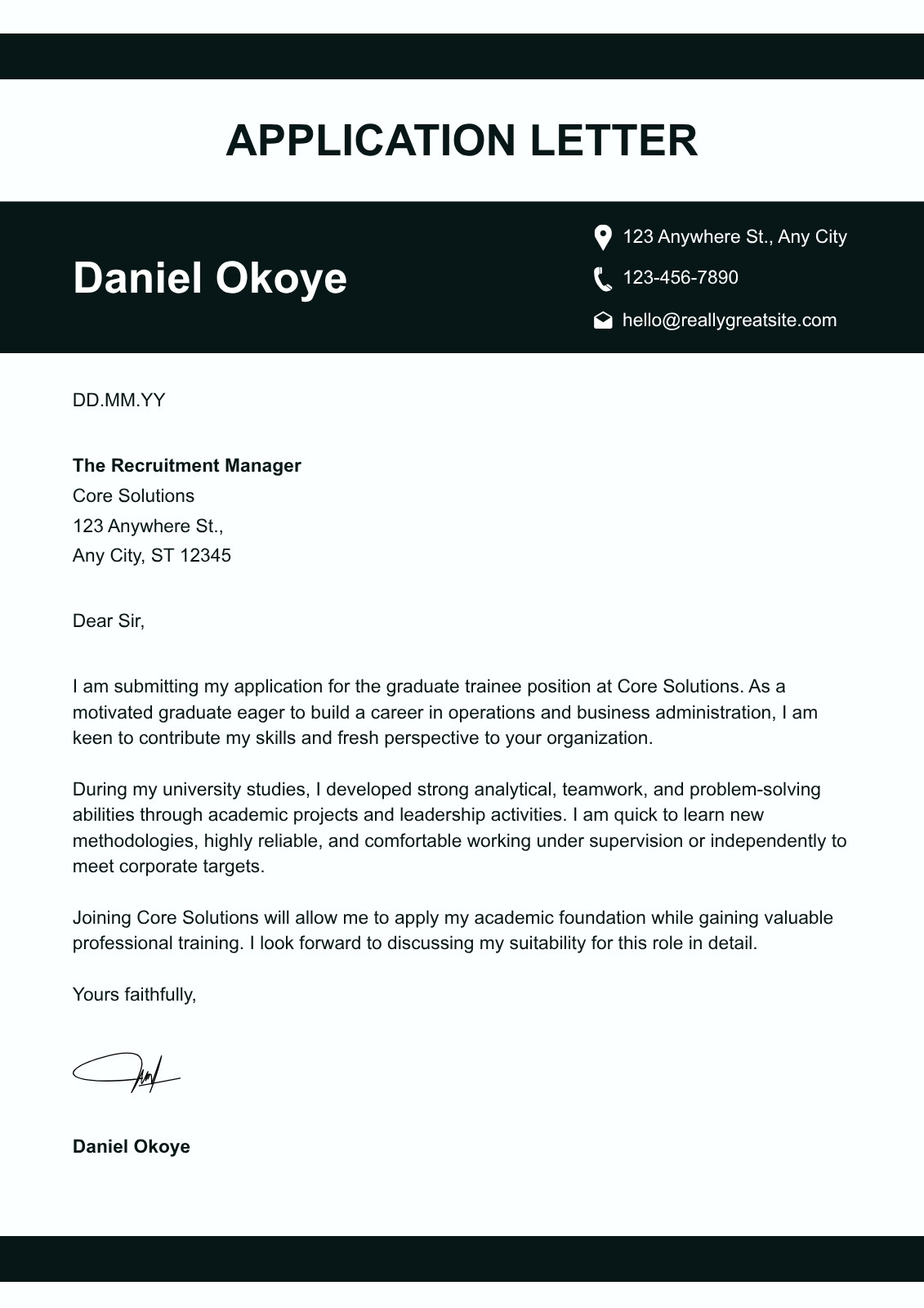 Black White and Teal Corporate Application Letter