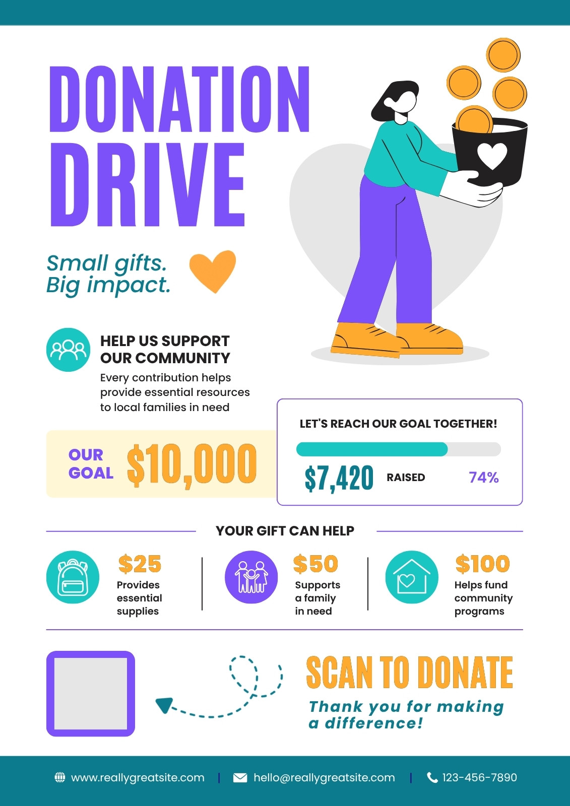 Teal Purple And White Modern Donation Drive Charity Document