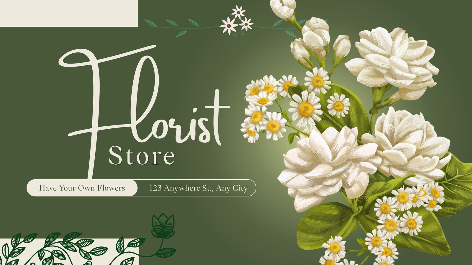 Olive Green White and Soft Yellow Elegant Floral Shop Presentation