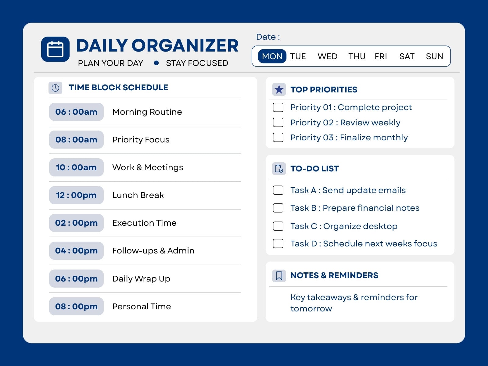 Blue Cream Modern Daily Organizer Schedule Graph