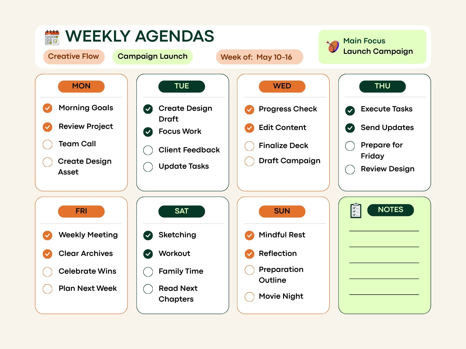 Orange Green Illustrative Weekly Agenda Planner Graph
