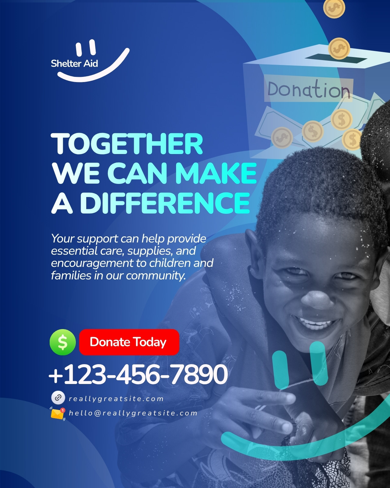 Blue White And Teal Modern Charity Donation Instagram Post