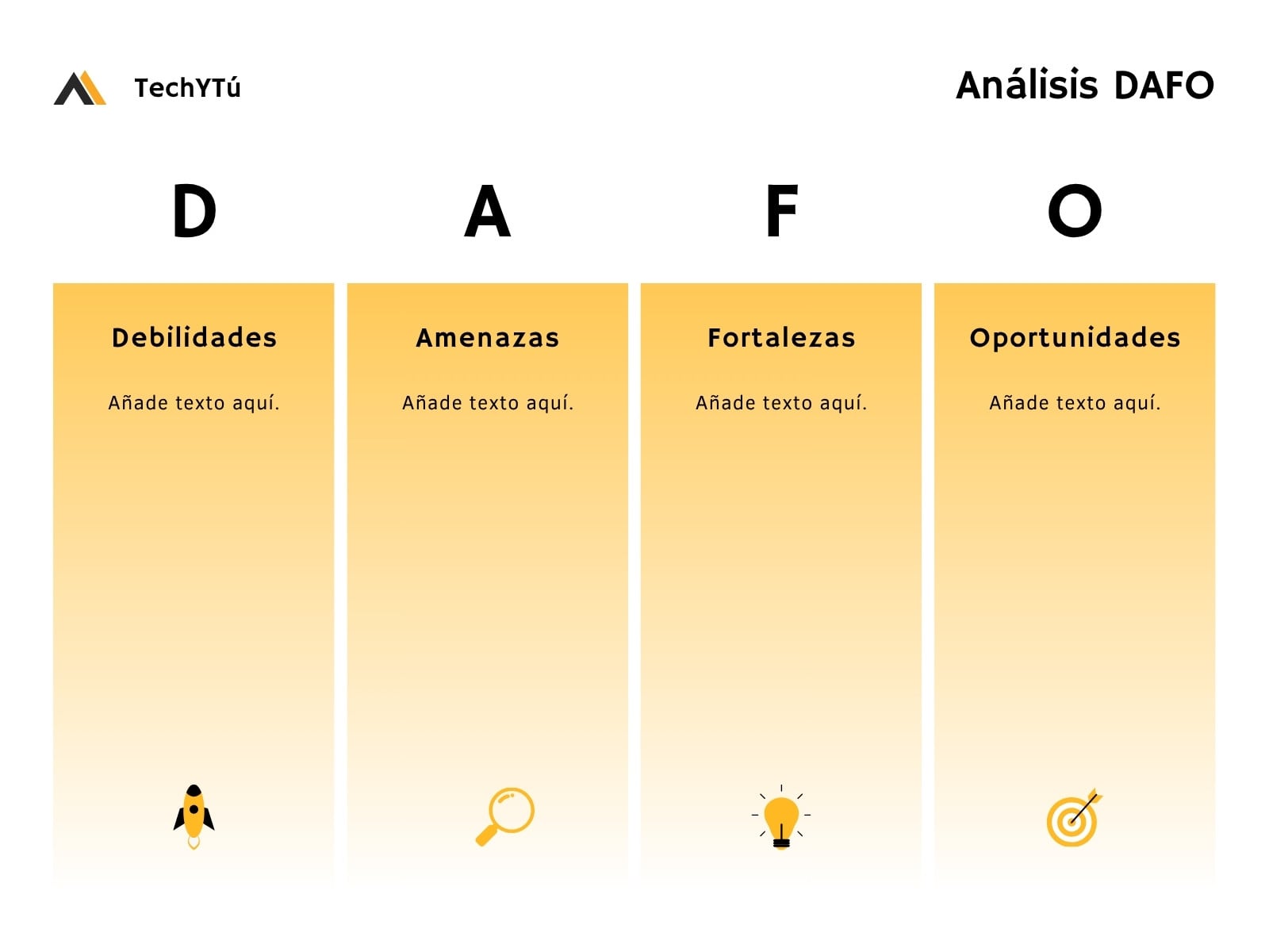 Gráfico de análisis DAFO para el desarrollo de aplicaciones profesional con degradado amarillo