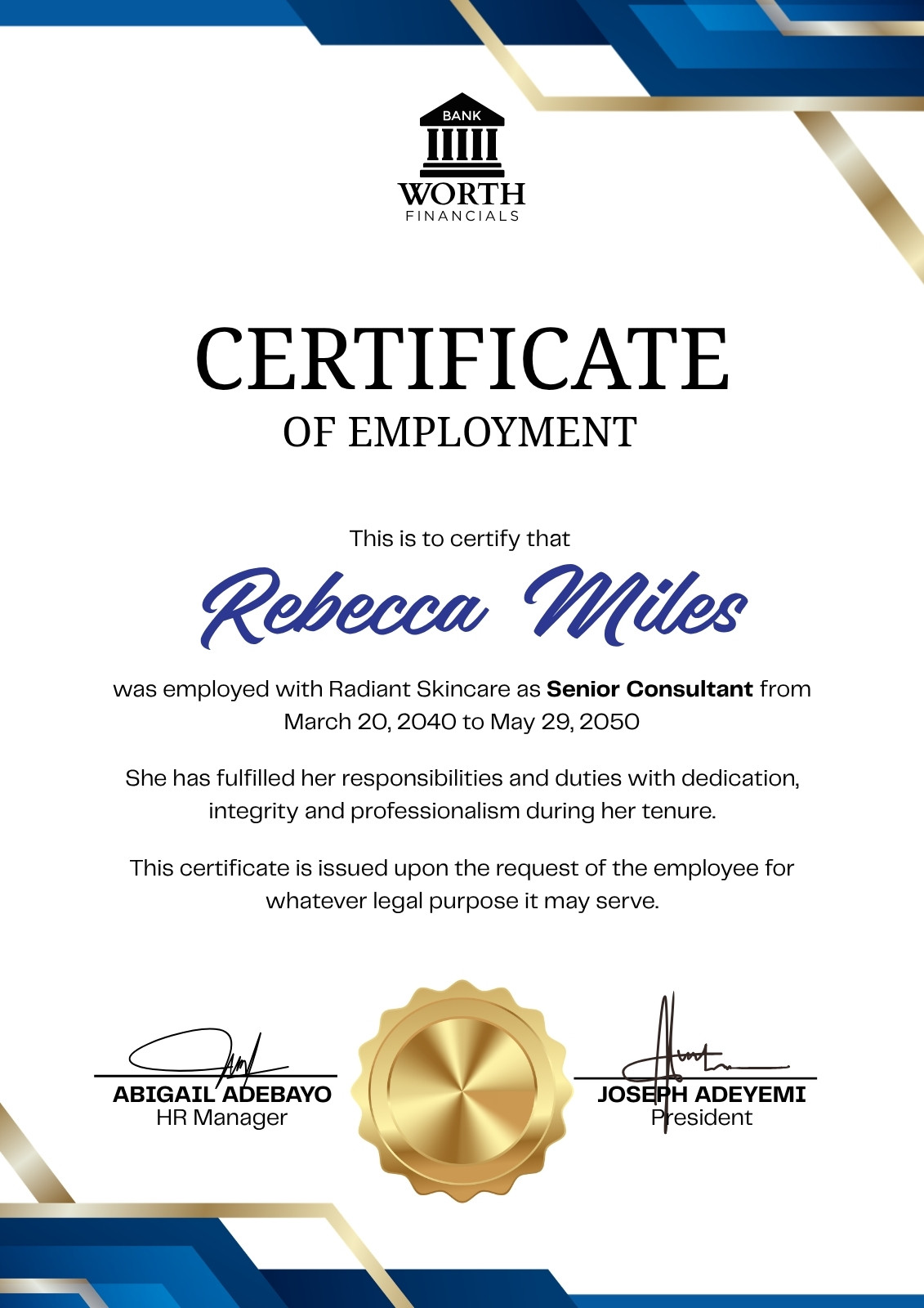 Blue and Gold Corporate Employment Certificate Document