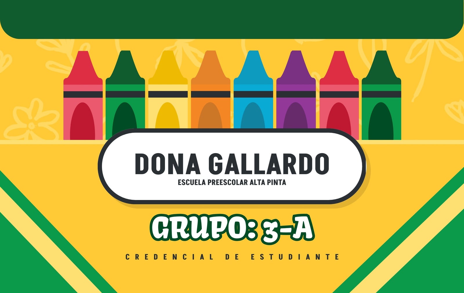 Gafete credencial nombre estudiante crayones escolar verde Gafete credencial nombre estudiante crayones escolar verde