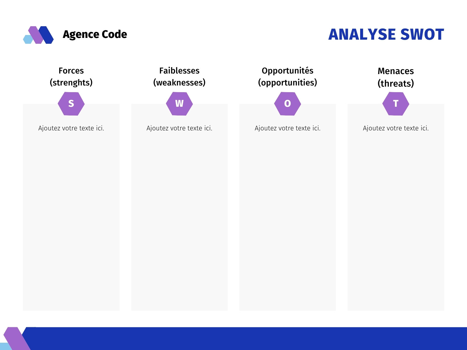 Graphique d'analyse SWOT pour entreprises spécialisées dans le développement d'applications professionnelles, style décontracté en bleu et violet