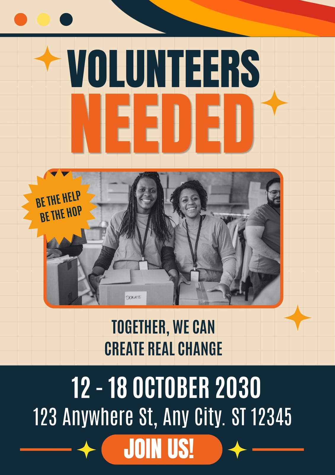 Orange Blue and Beige Bold Volunteers Needed Poster