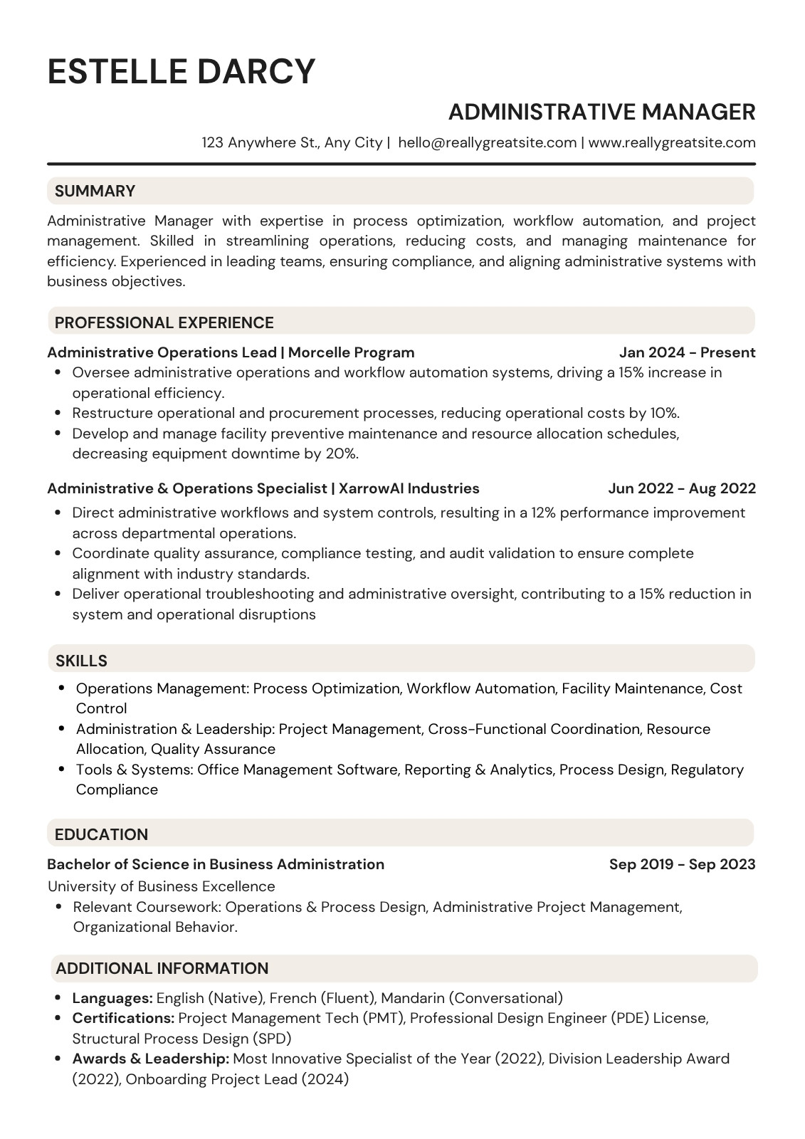 CV ATS quản lý hành chính tối giản CV ATS quản lý hành chính tối giản