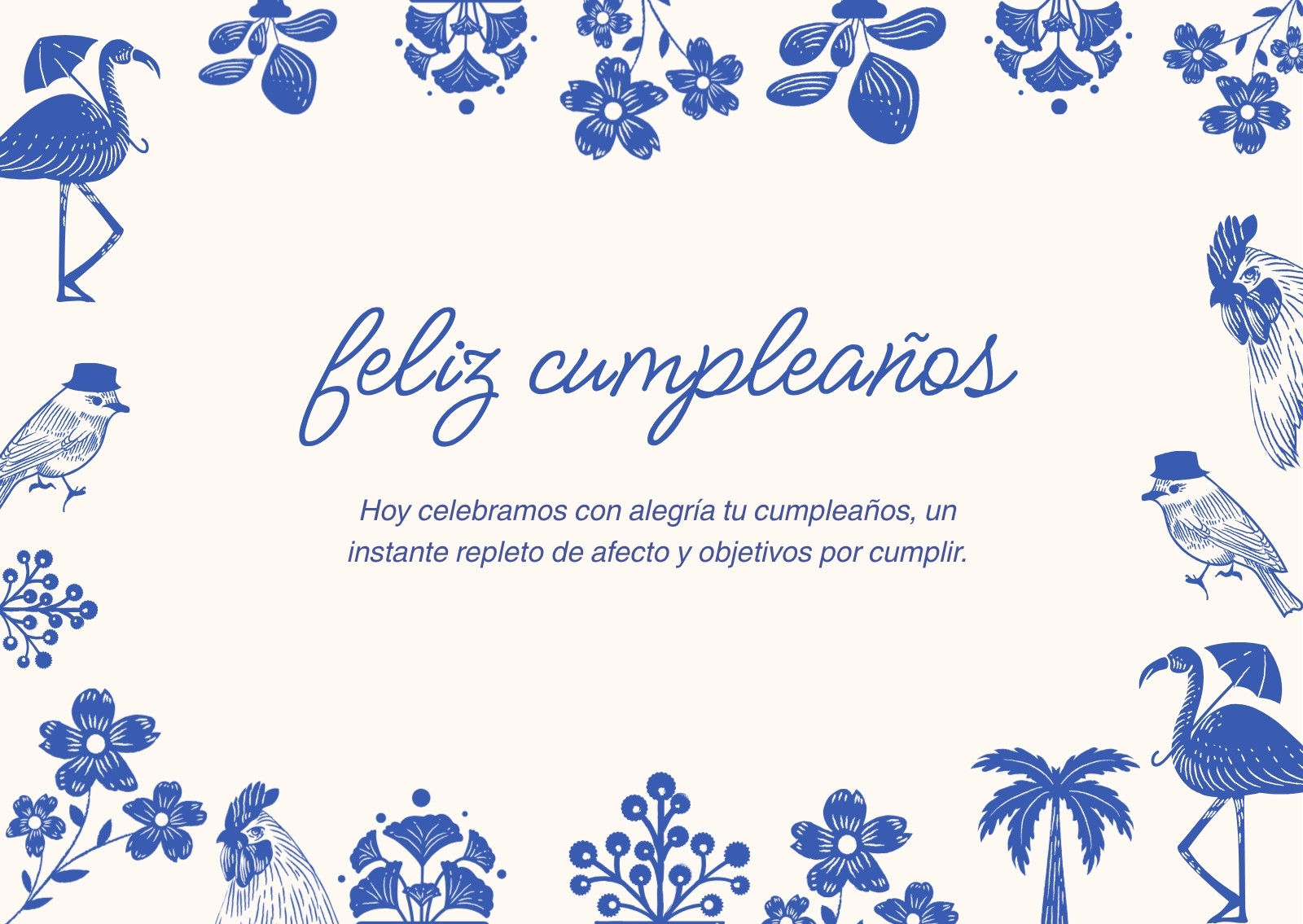 Tarjeta de Felicitación Horizontal Feliz Cumpleaños Minimalista Floral Azul y Beige