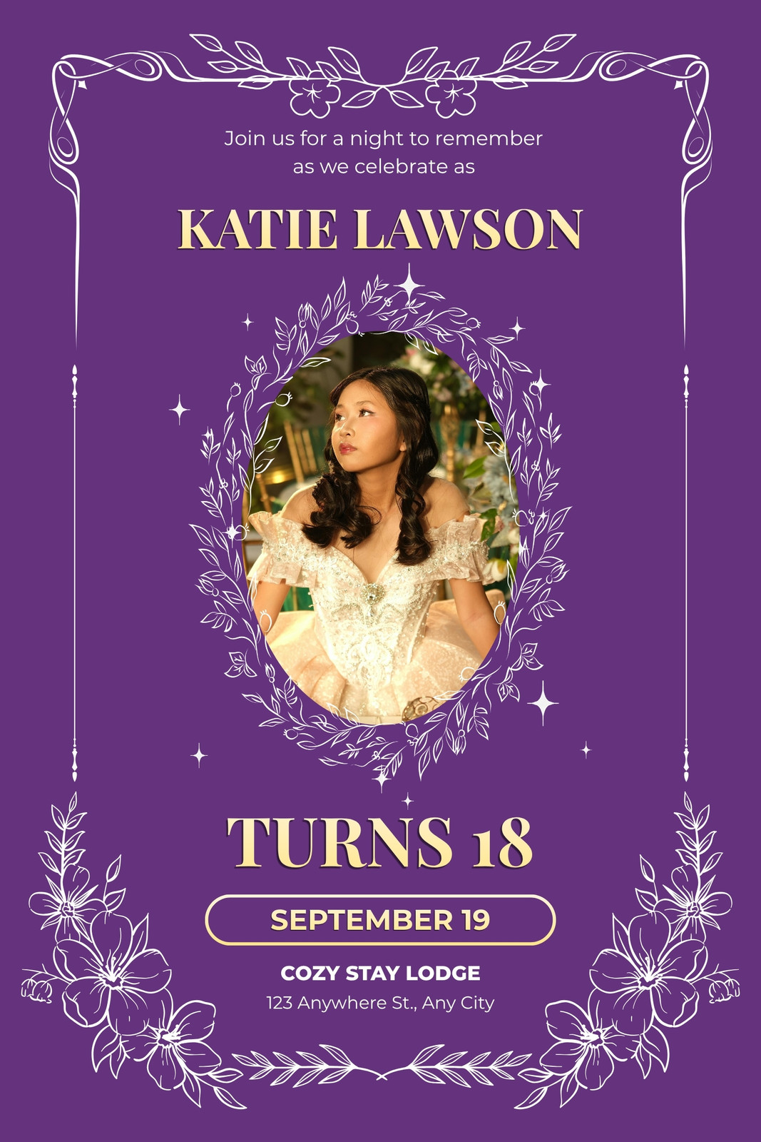 Purple White and Gold Elegant Floral Birthday Debut Tarpaulin