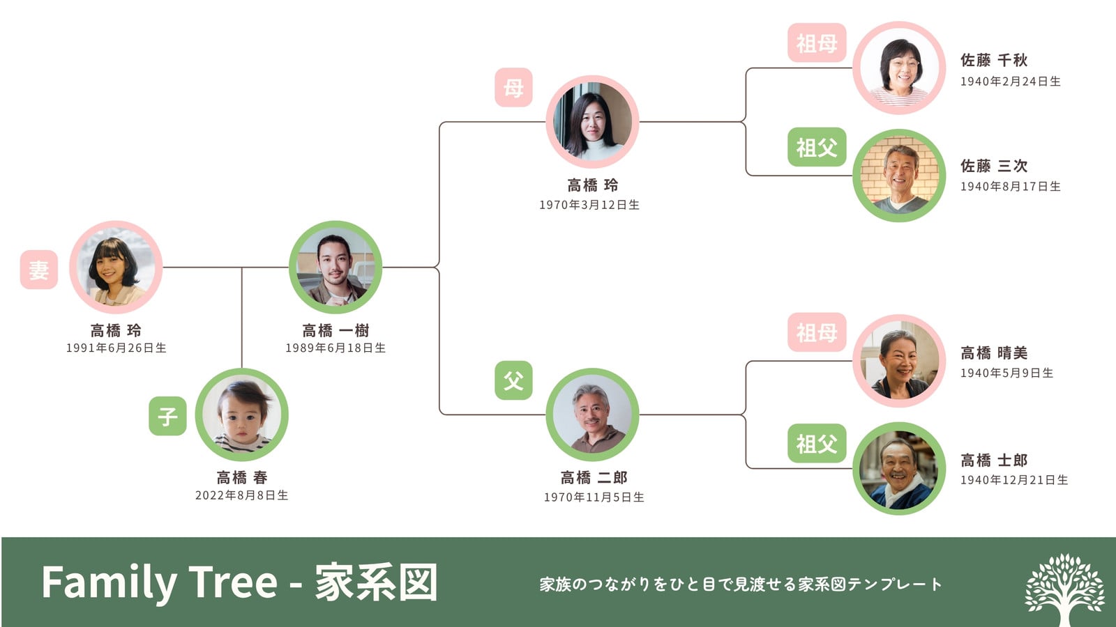 緑 白 ピンク シンプル 家系図 ファミリーツリー ホワイトボード