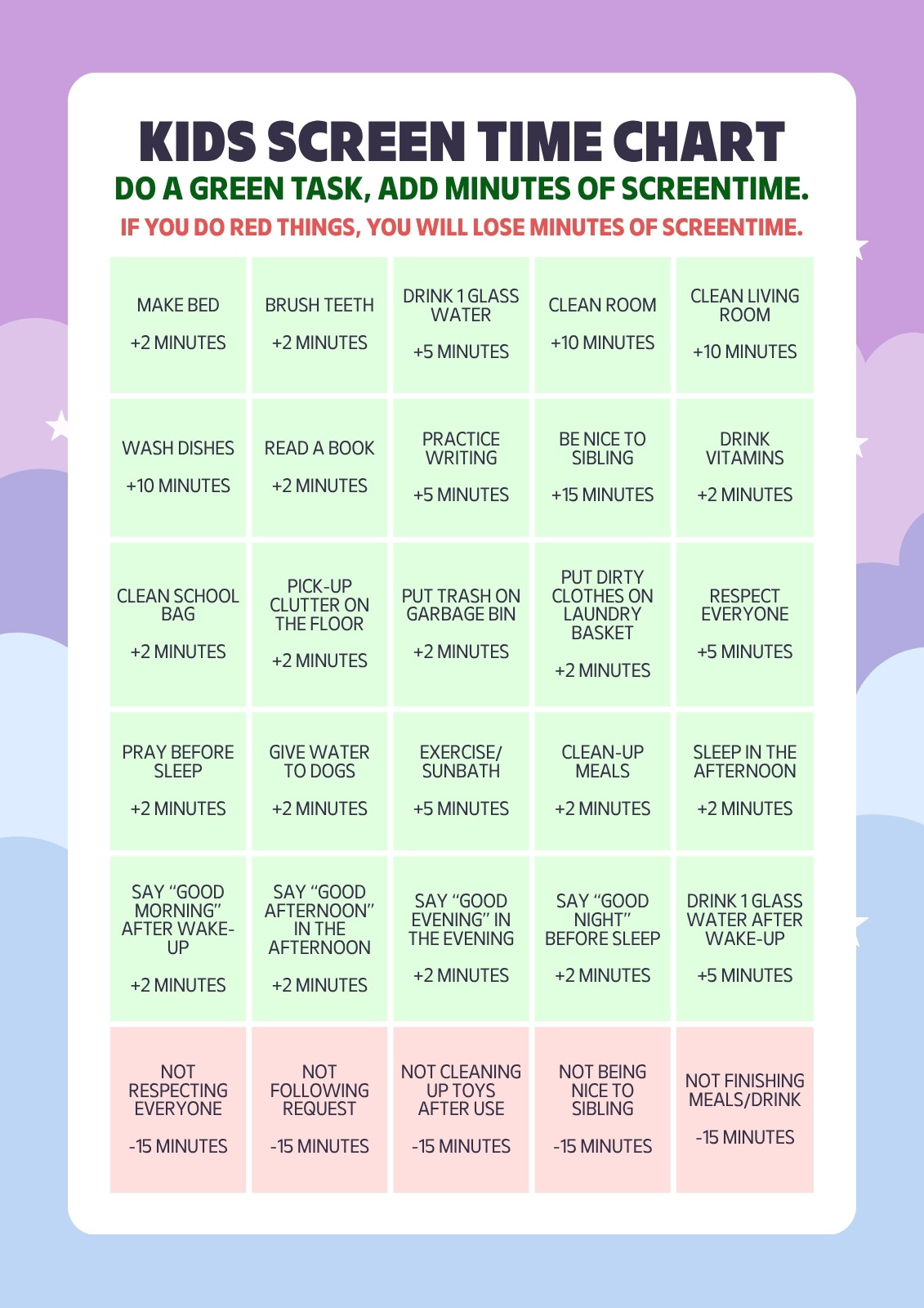 Lavender White and Black Playful Kids Screen Time Chart Document (A4)