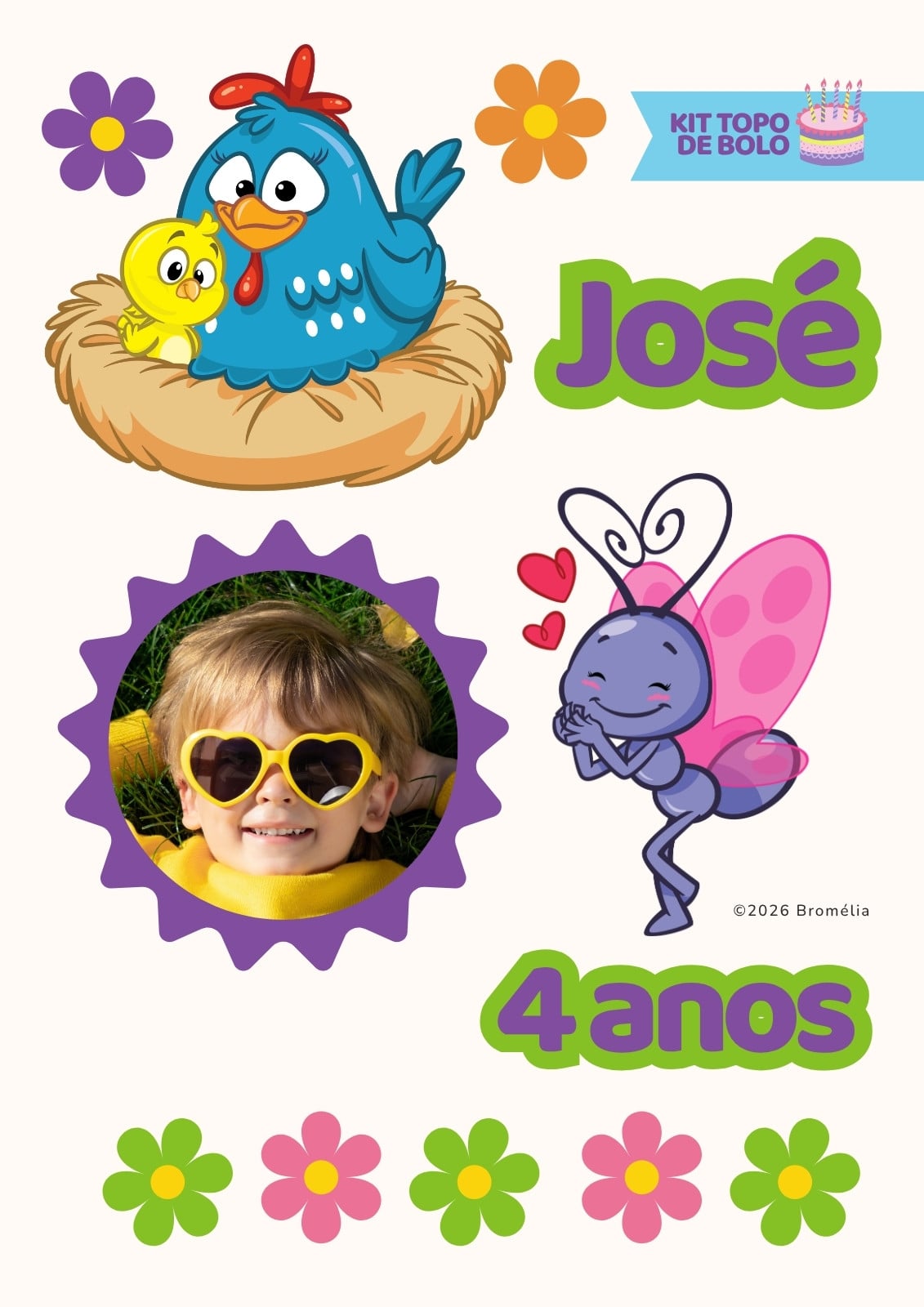 Documento A4 Topo de Bolo Galinha Pintadinha Ilustrado Verde Roxo