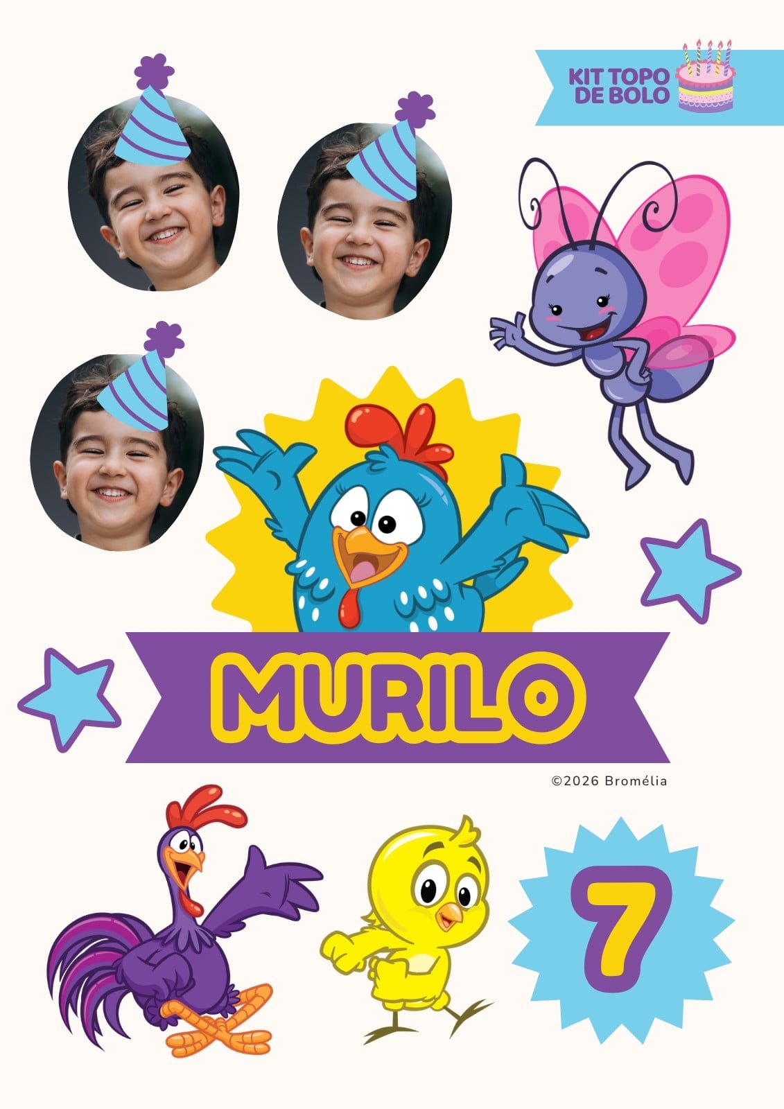 Documento A4 Topo de Bolo Galinha Pintadinha Ilustrado Roxo Azul