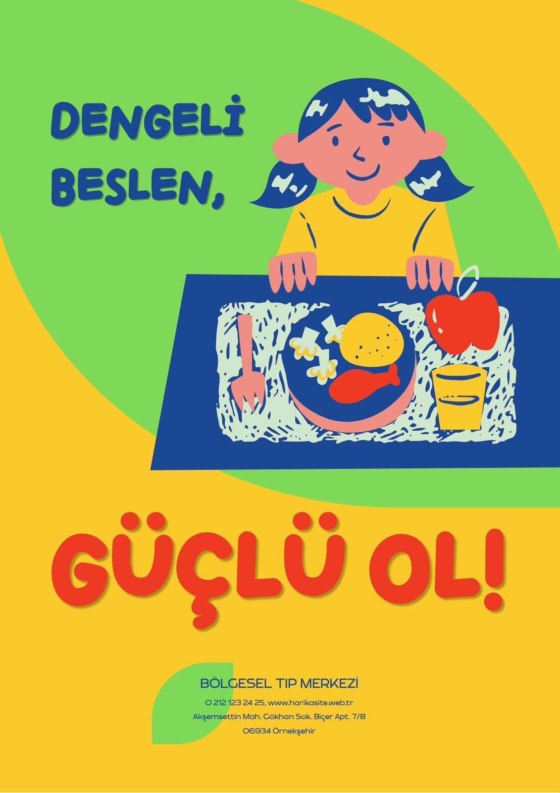 Yeşil, Sarı ve Kırmızı Renkli Neşeli Sağlıklı Beslenme Posteri.