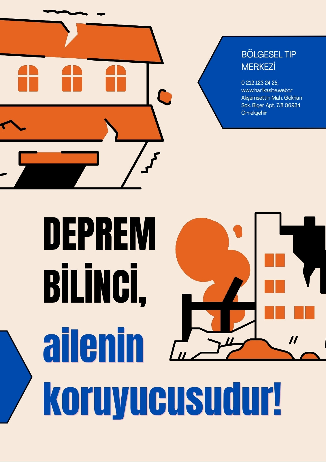 Turuncu Siyah ve Mavi Modern Deprem Bilinci Afiş