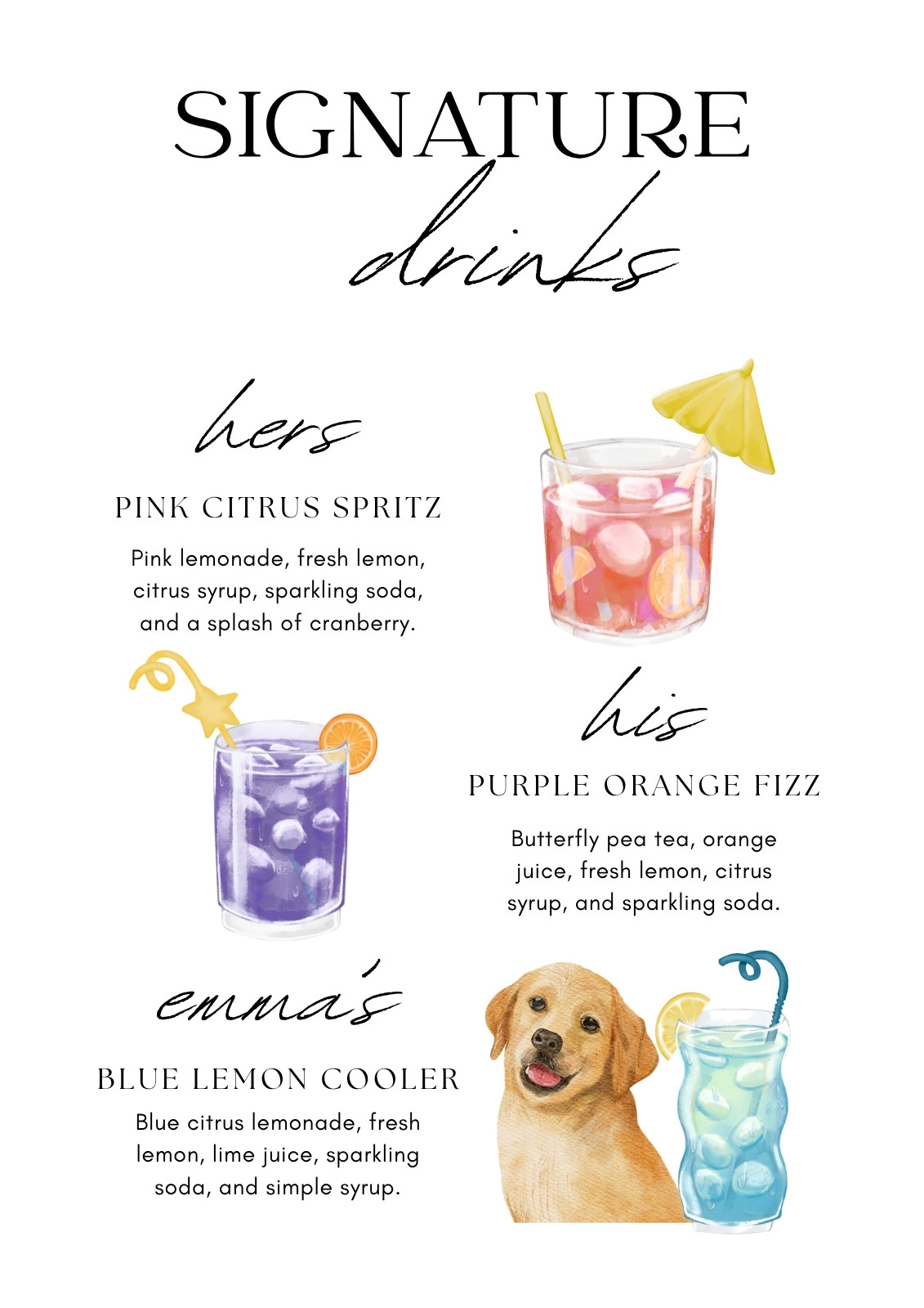 Pink Purple and Blue Playful Signature Drinks Sign Wedding Bar Menu