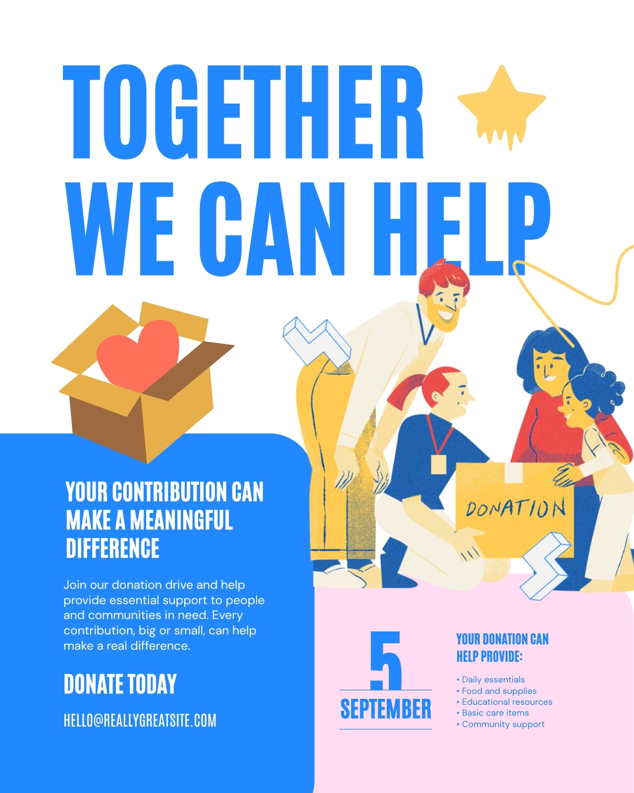 Blue Yellow and Pink Playful Charity Help Donation Instagram Post