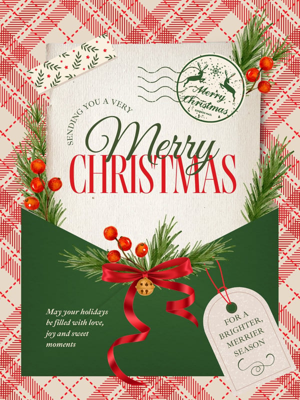 Vintage Traditional Merry Christmas Holiday Instagram Post Canva template, red, green and cream