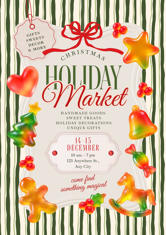 Festive Traditional Christmas Illustrated Holiday Market Poster Canva template, red and green