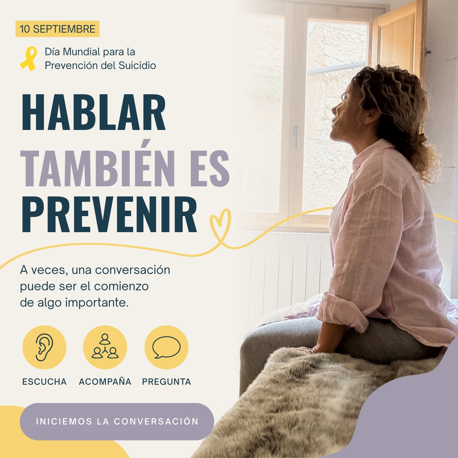 Post para Instagram prevención del suicidio salud mental moderno beige, purpura y amarillo