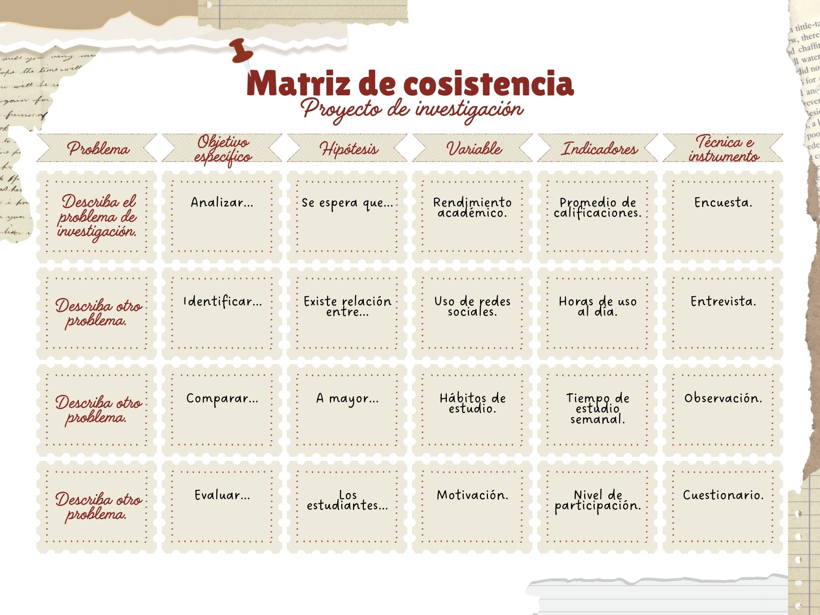 Grafica Matriz de cosistencia recotes de papel beige y blanco
