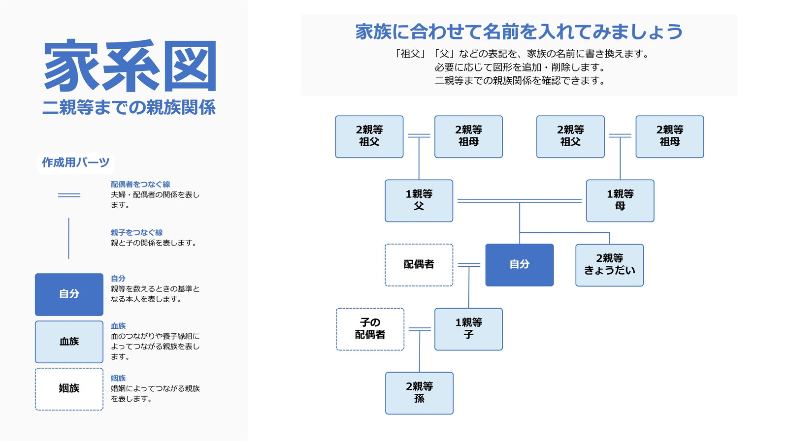 白 水色 シンプル 家系図 二親等 親族関係 ホワイトボード